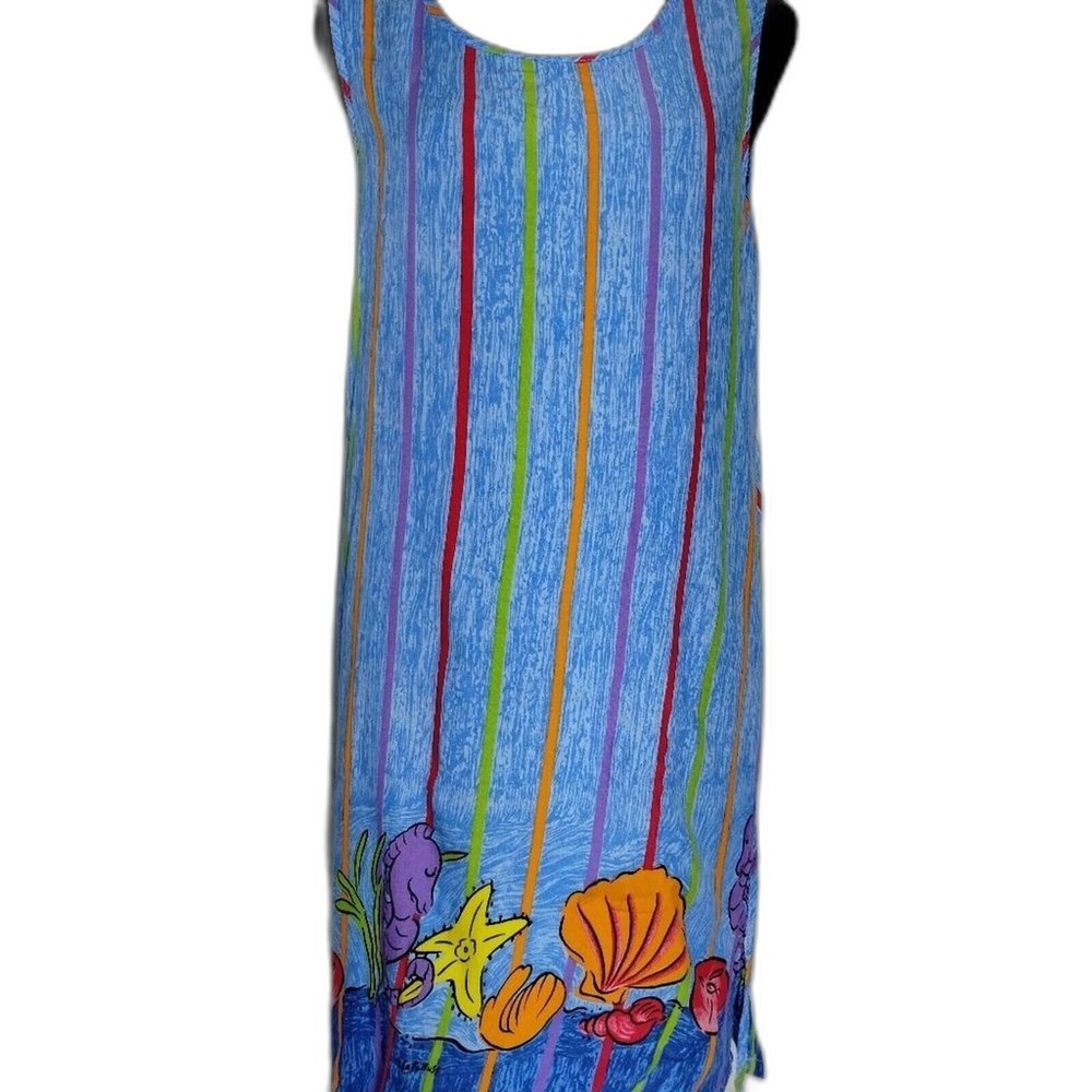 Sally Huss Sleeveless Dress Striped Novelty Print Beach Cover Up Size S Vacation